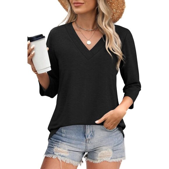Womens V Neck Casual Tunic Top 3/4 Sleeve Loose Fit Blouse Black X-Large - Picture 2 of 4